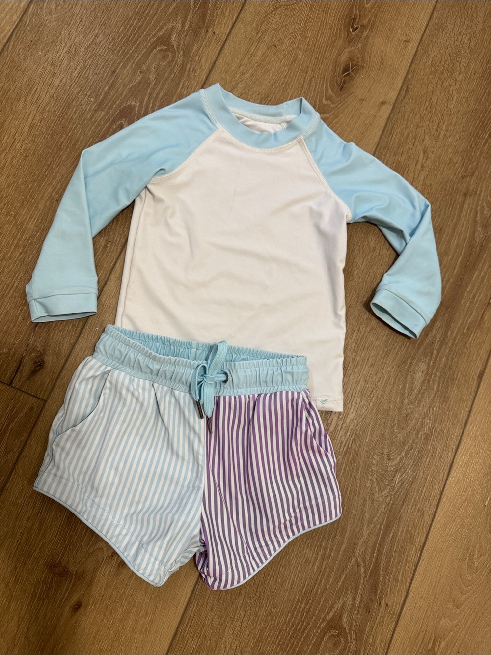 Boys Two-Piece Swim Set in White and Light Blue with Striped Shorts